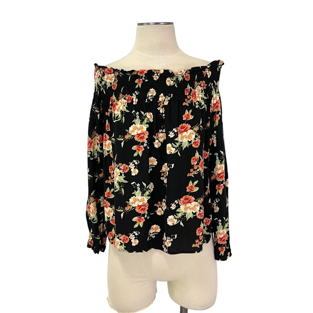 Xhilaration- Black Warm Floral Off Shoulder Top Size Small (Juniors).